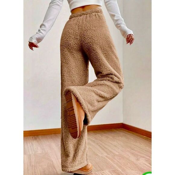 NWT Gorgeous L Cozy Fluffy Sherpa lk Tan Wide Leg Elastic Drawstring Teddy Pants - Picture 10 of 12